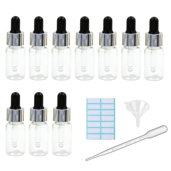 10Pcs Transparent Dropper Bottle 10ML Plastic Eye Dropper Bottles for Essential Oil Pipette Refillable - with Measured Pipette, Funnel and Labels (Black + Silver Cap)