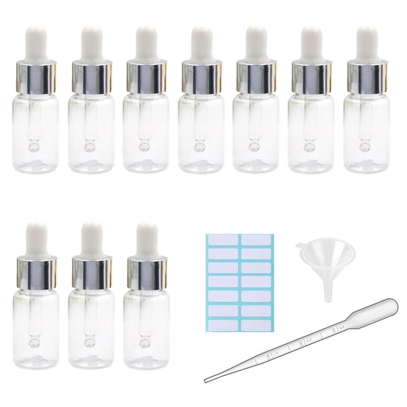 10Pcs Transparent Dropper Bottle 10ML Plastic Eye Dropper Bottles for Essential Oil Pipette Refillable - with Measured Pipette, Funnel and Labels (White + Silver Cap)