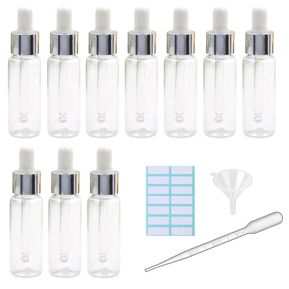 10Pcs Transparent Dropper Bottle 20ML Plastic Eye Dropper Bottles for Essential Oil Pipette Refillable - with Measured Pipette, Funnel and Labels (White + Silver Cap)