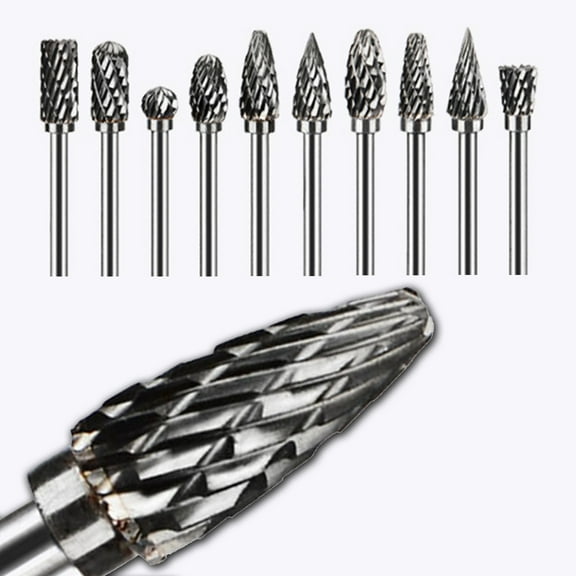10Pcs Tungsten Carbide Rotary Burr Set with Clear Case - 1/8" Shank x 1/4" Head x 4" Length for Metal/Wood Grinding, Die Grinder Bits Kit