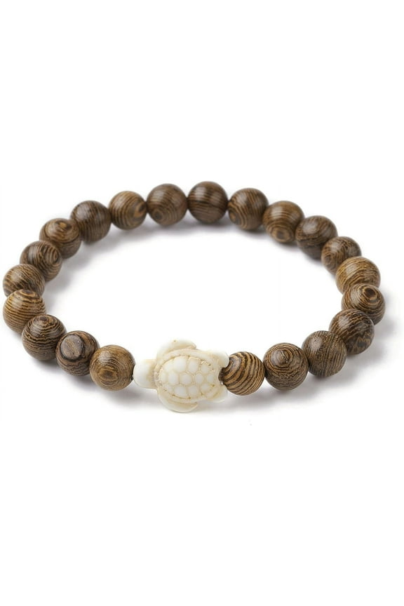 10Pcs Unisex Modern Sea Turtles Wooden & Synthetic Turquoise 8mm Elastic Stretch Strand Bracelets Brown and Blue-Green 2-1/8 inches Inner Diameter