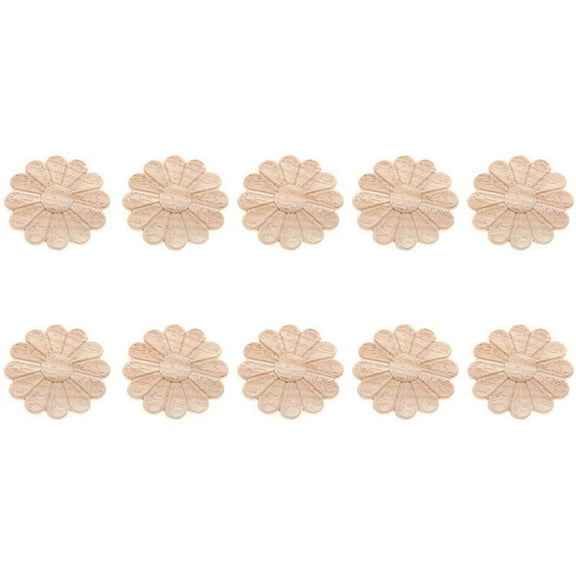 10Pcs Unpainted Round Flower Pattern Wood Carved Applique Frame Onlay Cabinet Furniture Decoration 6cm