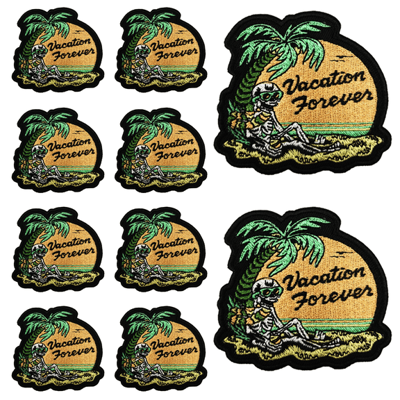 10Pcs Vacation Forever Skeleton Beach Embroidered Patches with Hook and Loop Backing, Funny Tropical Palm Tree Applique Badge for Vests, Jackets, Backpacks, and Clothing