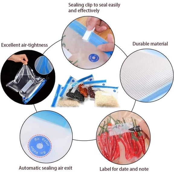 10Pcs Vacuum Storage Bags, Handy Portable Sealing Food Vacuum Sealer Bags Machine, Kitchen Always fresh seal vac Heat Sealing Machine for Sous Vide Cooking and Food Storage (With a Hand Pump)