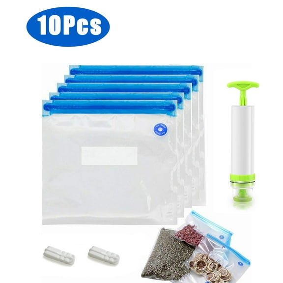 10Pcs Vacuum Storage Bags, Handy Portable Sealing Food Vacuum Sealer Bags Machine, Kitchen Always fresh seal vac Heat Sealing Machine for Sous Vide Cooking and Food Storage (With a Hand Pump)