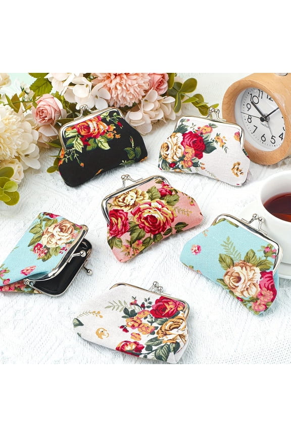 10Pcs Vintage Floral Coin Purse for Women, Cute Small Coin Purse for Coins, Canvas Kiss Lock Change Purse, Novelty Small Coin Pouch, Random Color Rose Wallet, Ideal for Daily Use, Bridal Showers