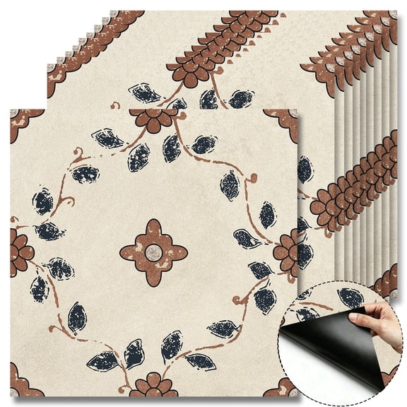 10Pcs Vintage Floral Vines Pattern Self-Adhesive Floor Tiles,12x12 Inches Cover 10 Sq.Ft,Self-Adhesive DIY Vinyl Flooring,Removable,Waterproof & Anti-Slip,for Kitchen,Bathroom,Bedroom,Entryway,Home