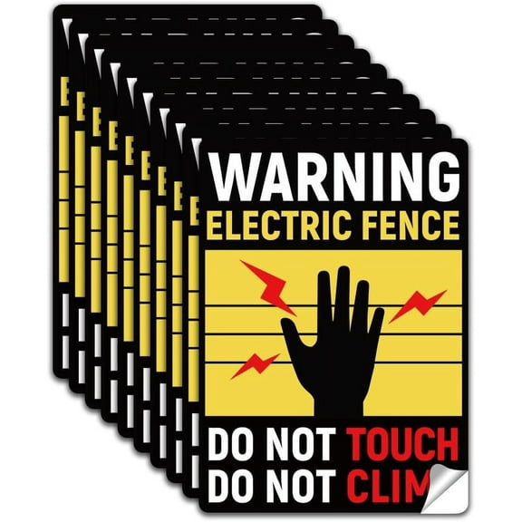 10Pcs Warning Electric Fence Sign Sticker PVC Waterproof Caution Electric Fence Warning Stickers Decal Adhesive Sign for Outdoor 5.1x7.1 Inch