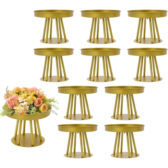 10Pcs Wedding Centerpieces Flower Stands 5.91Inch Tall Gold Metal Circular Flower Vase Small Cylinder Pedestal Column Stand for Home Event Party Road Lead Decorations