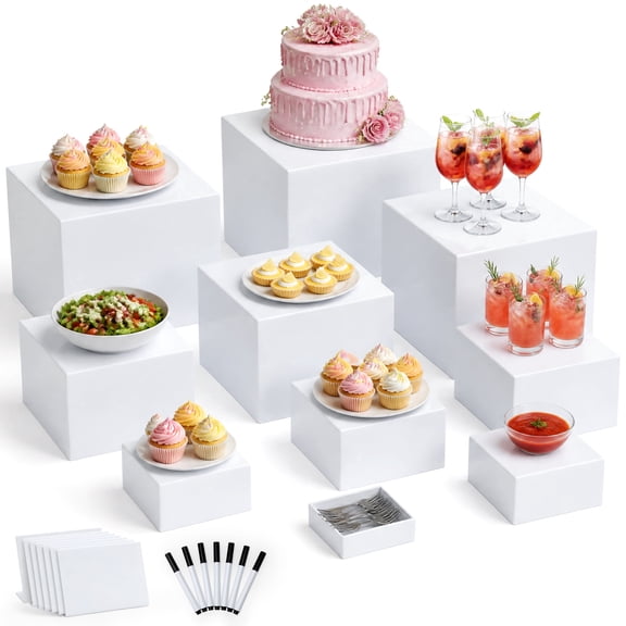 10Pcs White Acrylic Buffet ,Food Risers for Buffet Table Party Wedding Jewelry Collectibles, Cube Nesting Boxes Hollow Bottoms with Sign and Marker
