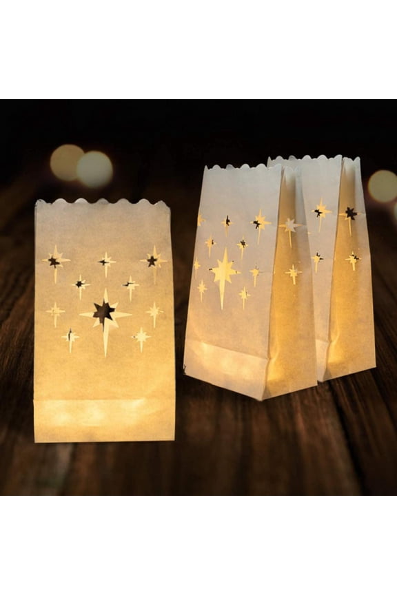 10Pcs White Luminary Bags,Flame Resistant Candle Bags,Stars Design Luminaries for Wedding,Party,Halloween,Thanksgiving, Christmas or Valentines Day Gifts