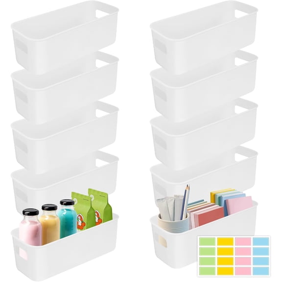 10Pcs White Narrow Storage Bins,Long Bathroom Organizing Bins, Plastic Storage Basket Open Drawer Organizer Box with Handle for Bathroom Kitchen Office Vanity Pantry Shelves