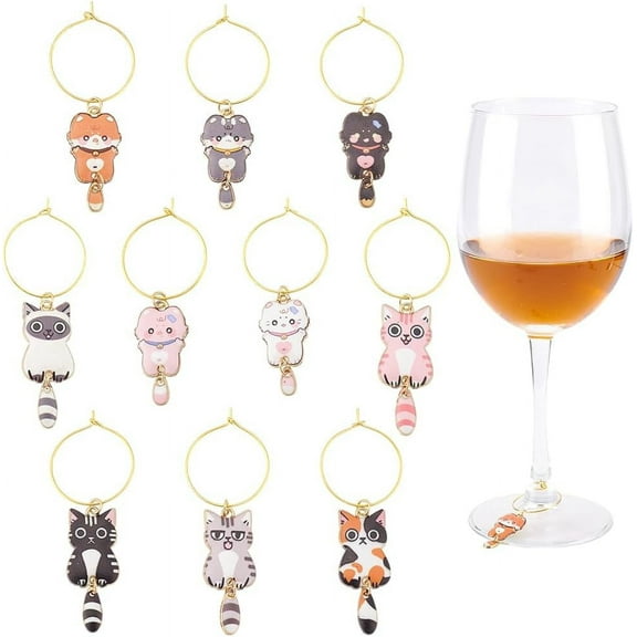 10Pcs Wine Glass Charms Wine Glass Identifiers with Cat Charms Wine Glass Markers Tags Cat Themed Enamel Charms Identifier Rings Tags Drink Markers Wine Tasting Party Favors Decorations