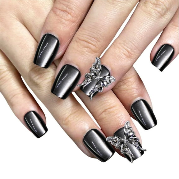 10Pcs Women Press On Nails Cats Eye Square False Nails with Butterfly and Glossy Metallic Gray Designs Glues On Nails