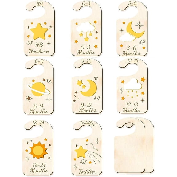 10Pcs Wood Baby Wardrobe Dividers Moon Star Sun Nursery Decor from Newborn to 36 Month Hanger Seperaters Baby Closet Organizers Nursery Infant Wardrobe Hangers Divider for Newborn Shower