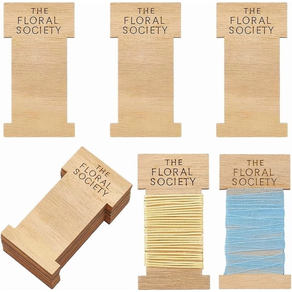 10Pcs Wood Bobbins Rectangle with Word THE FLORAL SOCIETY Sandy Brown 95x50x5mm creative