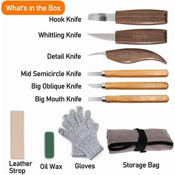 10Pcs Wood Carving Tools Set, Wood Carving Kit Include Resistant Gloves, Spoon & Whittling Knife, Sandpaper for Beginners Woodworking
