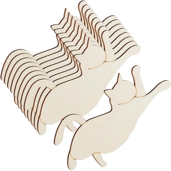 10Pcs Wooden Cat Cutouts 6 x 3.5 Inch Cat Shape Unfinished Wood Cutouts Blank Wood Cat Wood Tags for Home Pets Themed Party Decoration DIY Crafts WOOD-WH0029-48
