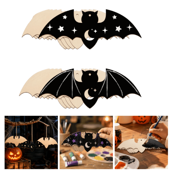10Pcs Wooden Halloween Ornaments to Paint,Bat Cutouts Unfinished DIY Blank Unfinished Pumpkin Wood Discs Ornament for Crafts Hanging Autumn Decorations
