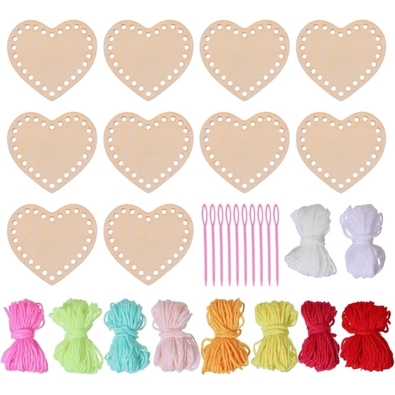 10Pcs Wooden Knitting Kits Love Wooden Slices Wood Sewing Kit with 10Pcs Plastic Needle 10 Strand Acrylic Yarn Embroidery Kit