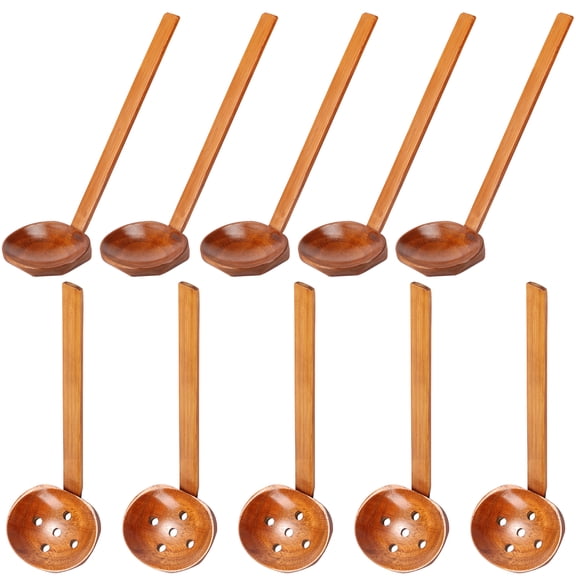 10Pcs Wooden Spoon Colander Long Handle Japanese Ramen Spoons Tortoise Shaped Hot Pot Spoon and Colander Reusable Slotted Spoon Soup Spoon for Kitchen Eating Mixing