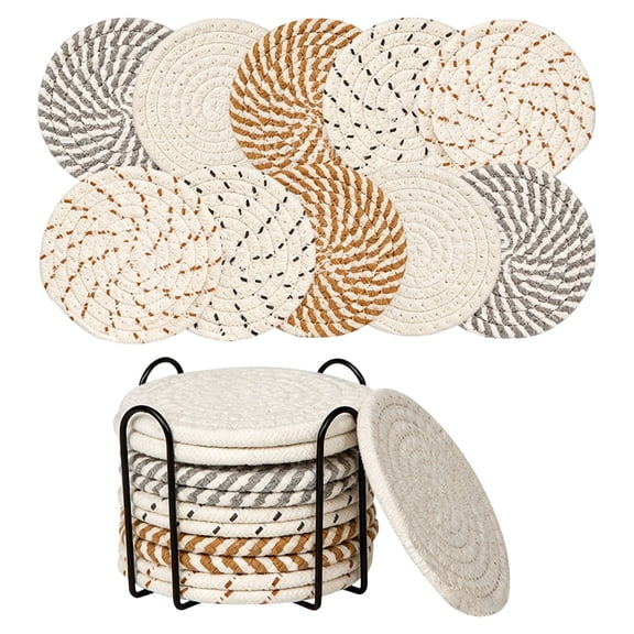 10Pcs Woven Coaster Set With Holder, Trivets for Hot Dishes, Hot Pots and Pans, Thick Heat Resistant Large Coaster for Kitchen, Hot Pads, Kitchen Essentials, Kitchen Decor for Table & Countertop, F