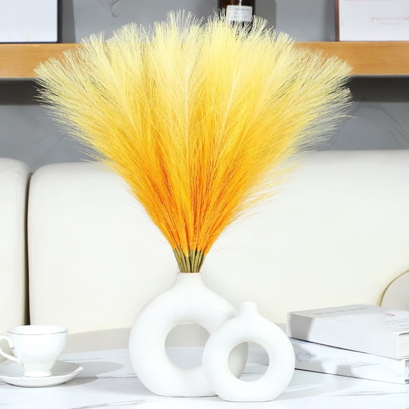 10Pcs Yellow Faux Pampas Grass Tall Decor, 21.6” Fluffy Artificial Pompous Grass Branches, for Wedding, Valentine's Day, Birthday, Tree and Holiday Décor