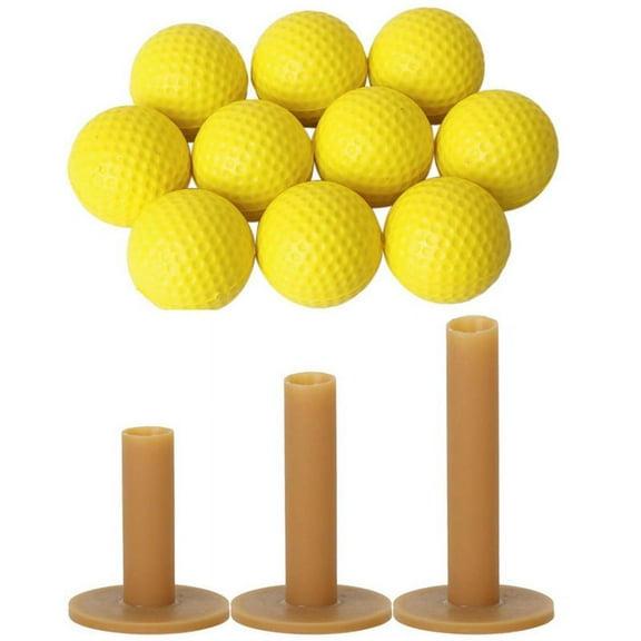 10Pcs Yellow Soft Elastic Indoor Practice PU Golf Ball & 3x Golf Tees Coffee Tee Driving Range 60/ 70/ 80 mm