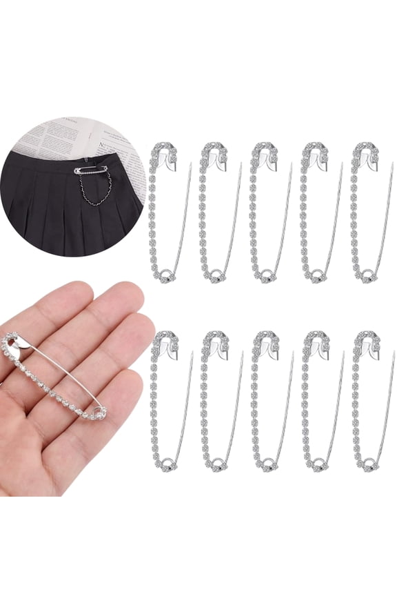 10Pcs bright silver rhinestone safety pin brooch retro shining decorative buckle DIY handmade clothing accessories suitable for sweaters, scarves