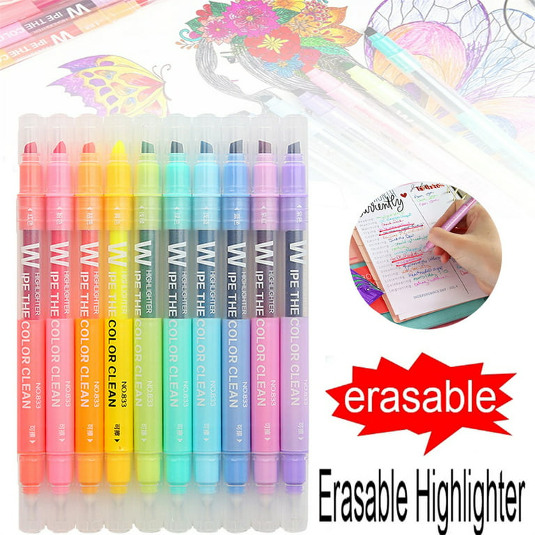10Pcs/set Double Head Erasable Highlighter Pen Markers Chisel Tip Marker  Fluorescent School Writing Highlighters Color Cute