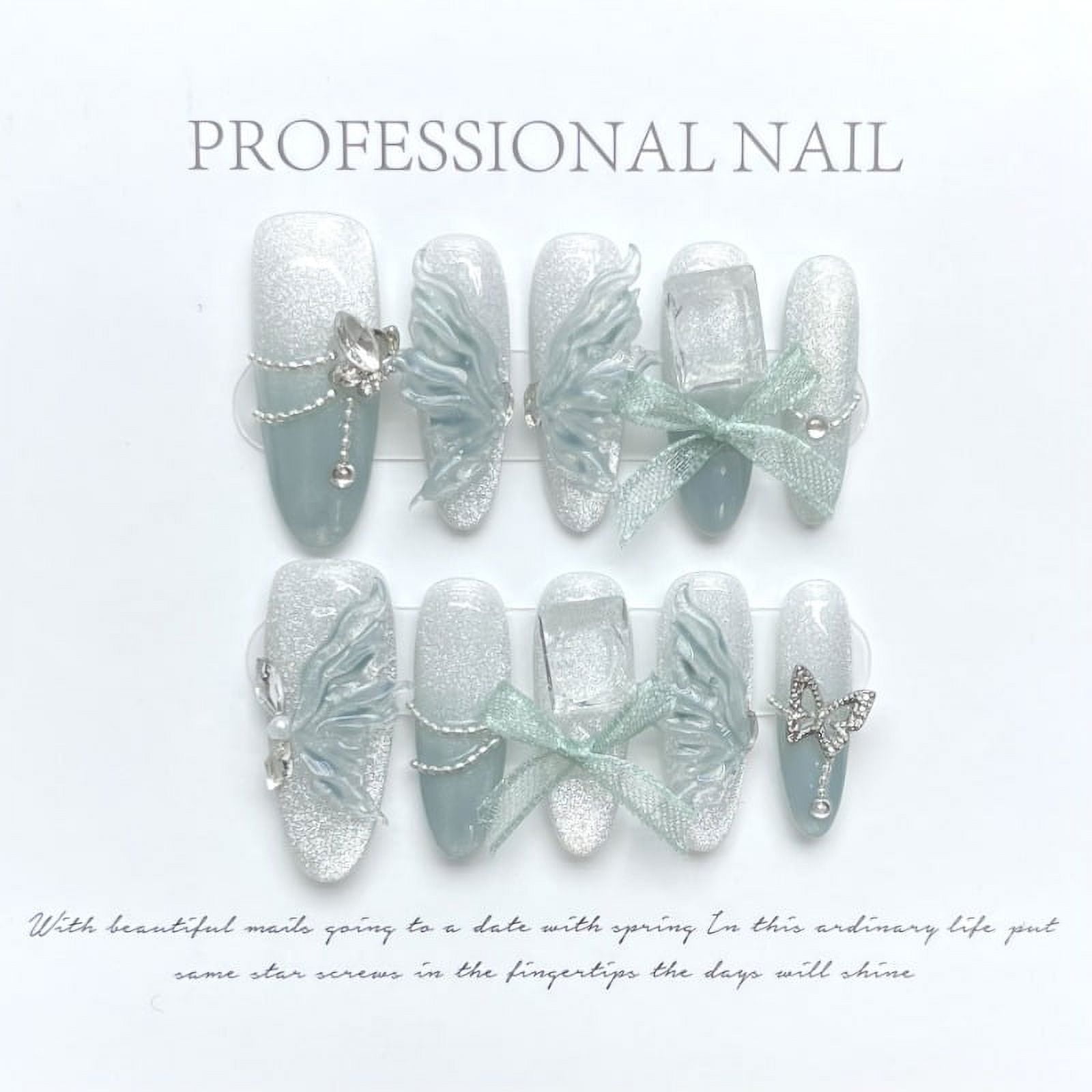 10Pcs/set Green Ribbon Bow Butterfly Rhinestone Design False Nails