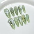 10Pcs/set Handmade Gradient Green Long Almond Press on Nails Art 3D