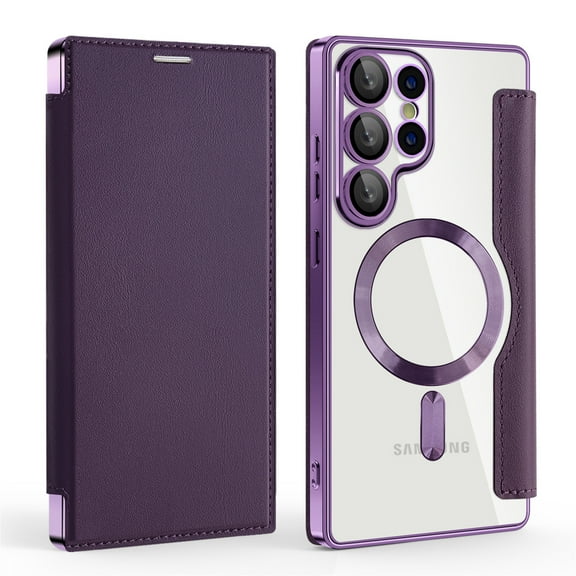 Feishell Flip Case for Samsung Galaxy S25 Ultra with Camera Lens Protect Film,Magnetic Closure PU Leather Folio Case with RFID Blocking Card Slots Luxury Plating Transparent Phone Cover,Purple
