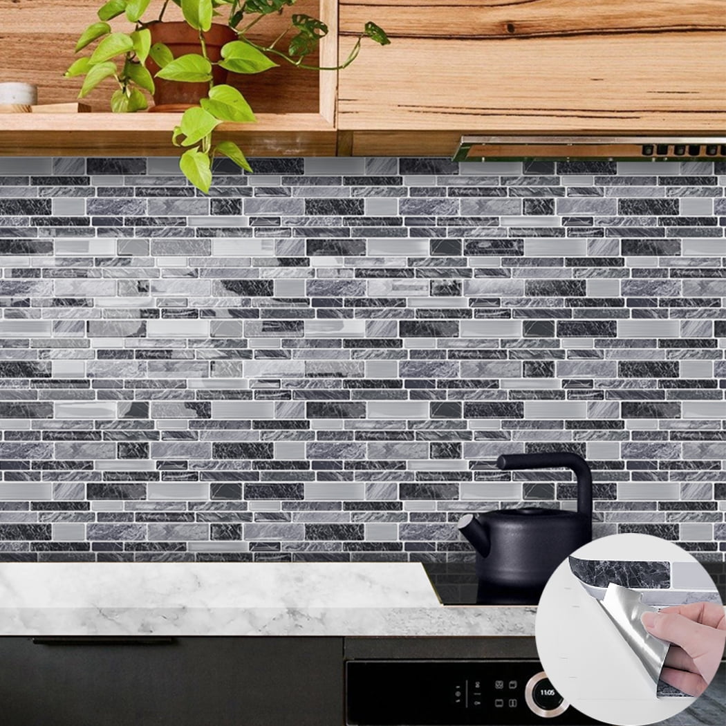 10Piece Black Gray Marbling Tiles Stickers 4.72 x 9.68inch DIY Decor 3D Wall Decals Self Adhesive Waterproof Peel and Stick Backsplash