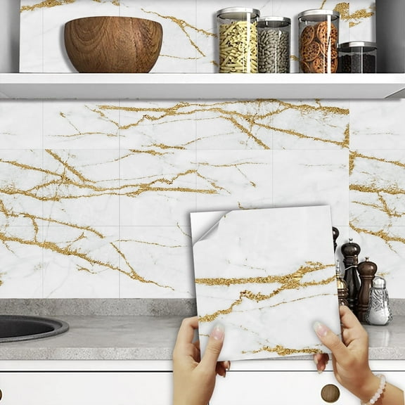 10Piece Kitchen Backsplash Tile Gold & White Marbling Stickers 5.9"x5.9" Vinyl Wall Wallpaper DIY Decals Peel and Stick Tiles