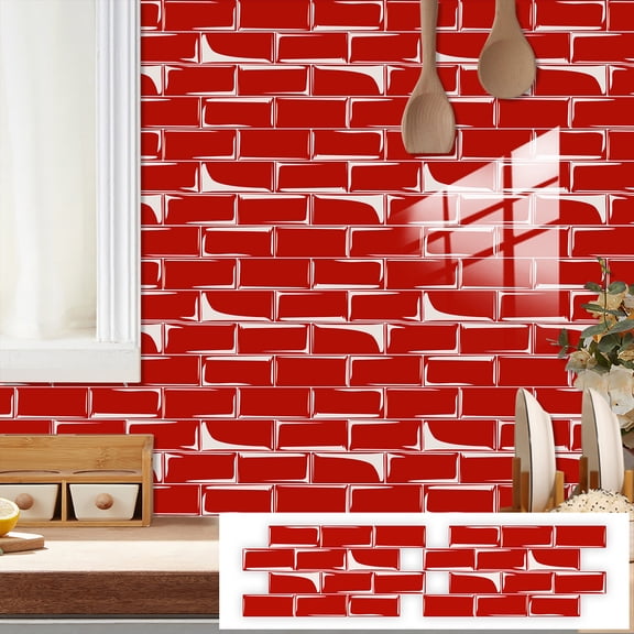 10Piece Self Adhesive Red Tiles Wall Stickers Decals 4.7 x 9.5inch DIY Decor Mosaic Brick Sticker Peel and Stick Backsplash Kitchen