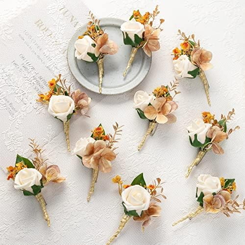 10Pieces /lot Artificial Foam PE Flowers Wedding Groom Brother Father Boutonnieres Men Buttonholes Corsage Wedding Flower Party Decoration (Light Champagne)