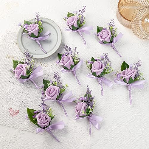 10Pieces /lot Artificial Foam PE Flowers Wedding Groom Brother Father Boutonnieres Men Buttonholes Corsage Wedding Flower Party Decoration (Lilac)