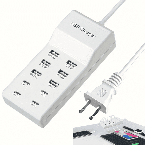 10Ports Wall Charger With 6 USB-A & 4 USB-C Ports, Charging Station USB Wall Charger Fast Charging Power Adapter With 5V 2.4A Output For Smartwatch, Smartphones, Tablets Multiple Devices
