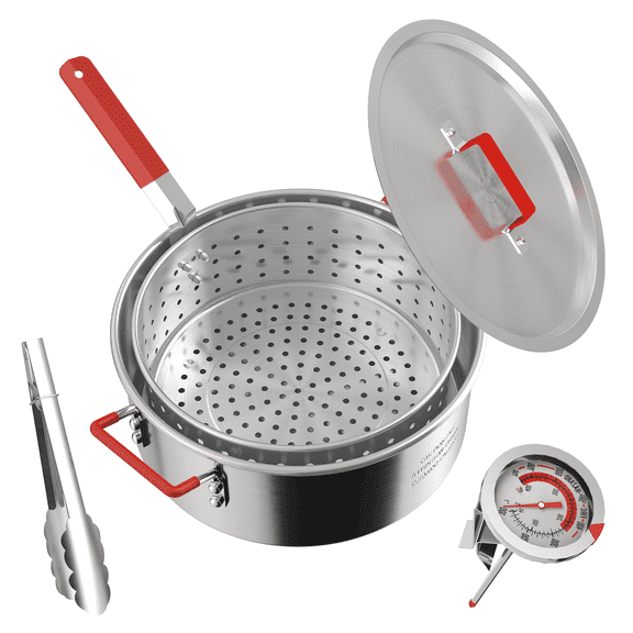 10QT Aluminum Fish Fryer Pot | with Lid & Tong | Deep Fryer with Basket | Indoor & Outdoor Cooking | All-Round Protection | Perfect For Boiling ＆ Frying