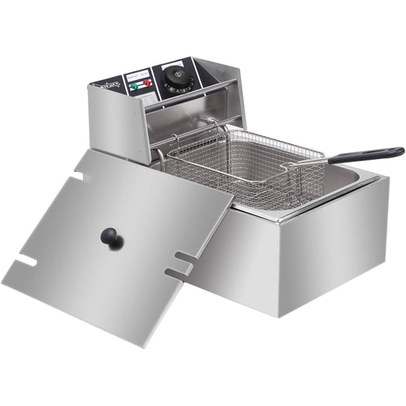 10QT Commercial Electric Deep Fryer, 2500W Stainless Steel Countertop Fryer with Temperature Control, 2 Baskets & Lids for Home, Restaurant