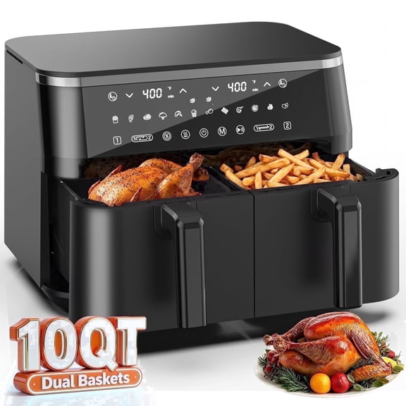 WiseStone Air Fryer 10QT Dual Basket , 12-in-1 Kitchen Appliance with Digital LED Touchscreen, Independent Dual Controls, 140400F, Sync Finish and Multi Cooking Functions, Black