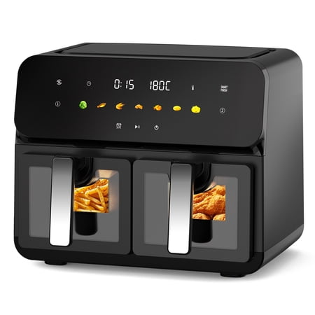 10QT Dual Basket Air Fryer, 2×5QT Independent Baskets, Digital Touchscreen, Easy-View Window, SyncCook, 1700W for Family Use