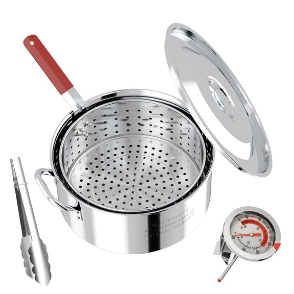 10QT Stainless Fish Fryer Pot | with Lid & Tong | Deep Fryer with Basket | Indoor & Outdoor Cooking | All-Round Protection | Perfect For Boiling ＆ Frying