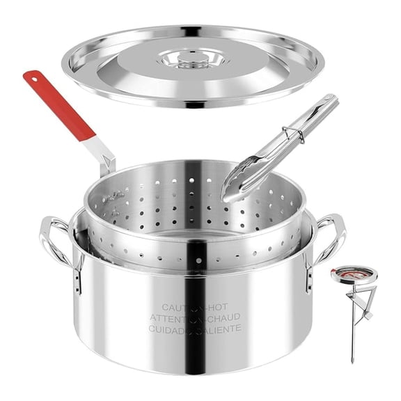 10QT Stainless Steel Deep Fryer | Fish Fryer Pot with Lid & Tong | Outdoor Propane/Gas Stove Fryer | Large Capacity Fryer Basket & Thermometer | Dishwasher Safe