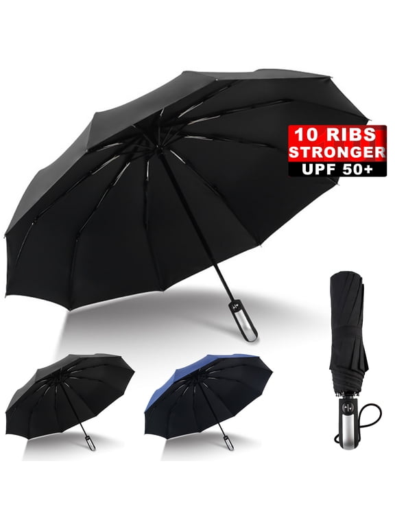 10Ribs Automatic Folding Umbrella, Auto Reverse Windproof Compact Umbrella , Black