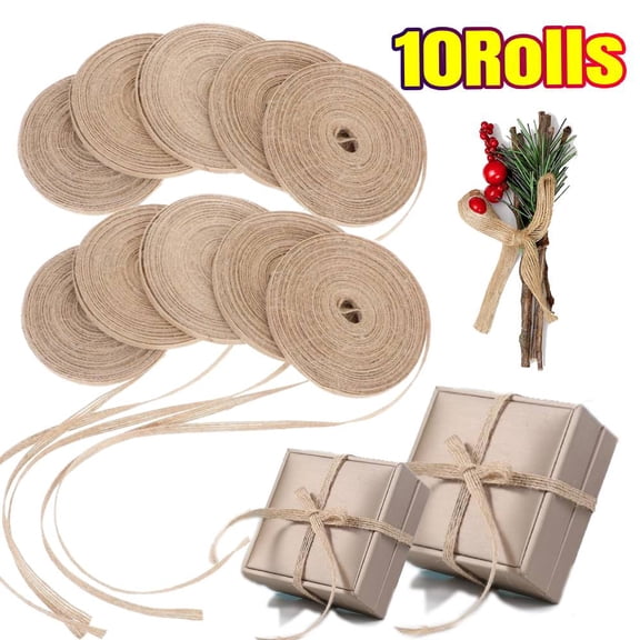 10Rolls Natural Jute Thin Burlap Ribbon ,1/4 Inch 10.93 Yards Rustic Ribbon Roll with Spool for Crafts, Gift Wrapping, Wreaths, Wedding,Rustic Decorations