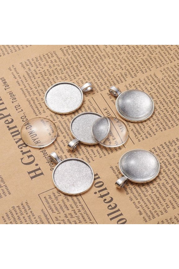 10Set DIY Pendant Making Tibetan Style Alloy Pendant Cabochon Settings and Transparent Glass Cabochons Flat Round Silver Tray: 25mm 37x28x2mm Hole: 3.5x6mm 24.5~25x6~7mm 2pcs/set