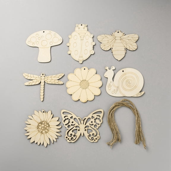 10Set DIY Wood Hanging Pendant Decorations Kit with Jute Cord PapayaWhip Insects 63~90x64~92x2mm Hole: 2.5~3.5mm
