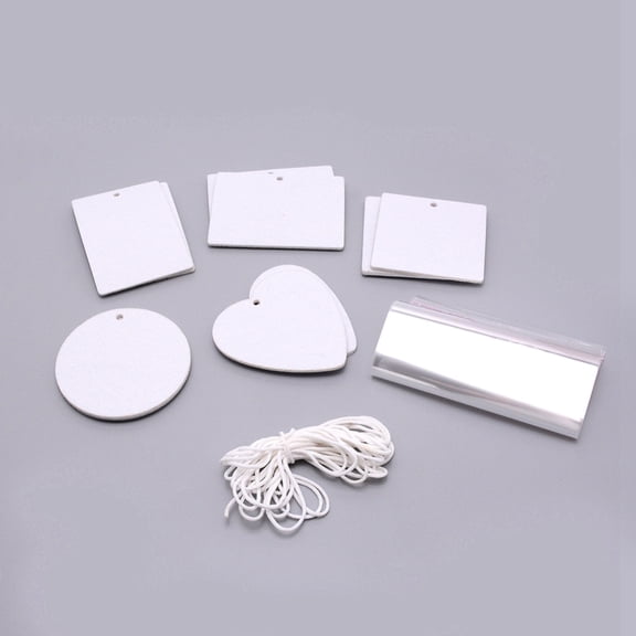 10Set Felt Heat Transfer Printing with Ropes & OPP Bags Heart Sqaure Rectangle & Flat Perfume Pieces Set Round White 8~50x7~13x0.3cm Hole: 5mm 30pcs/set